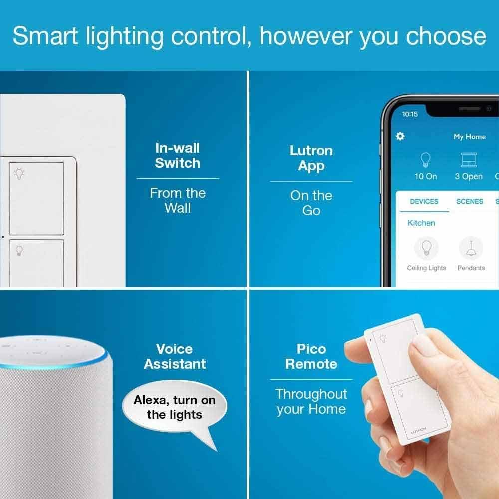 Caseta Wireless Deluxe Smart Switch Starter Kit with Smart Bridge, 2 Smart Switches, Pico Remotes and Wall Plates - Bees Lighting