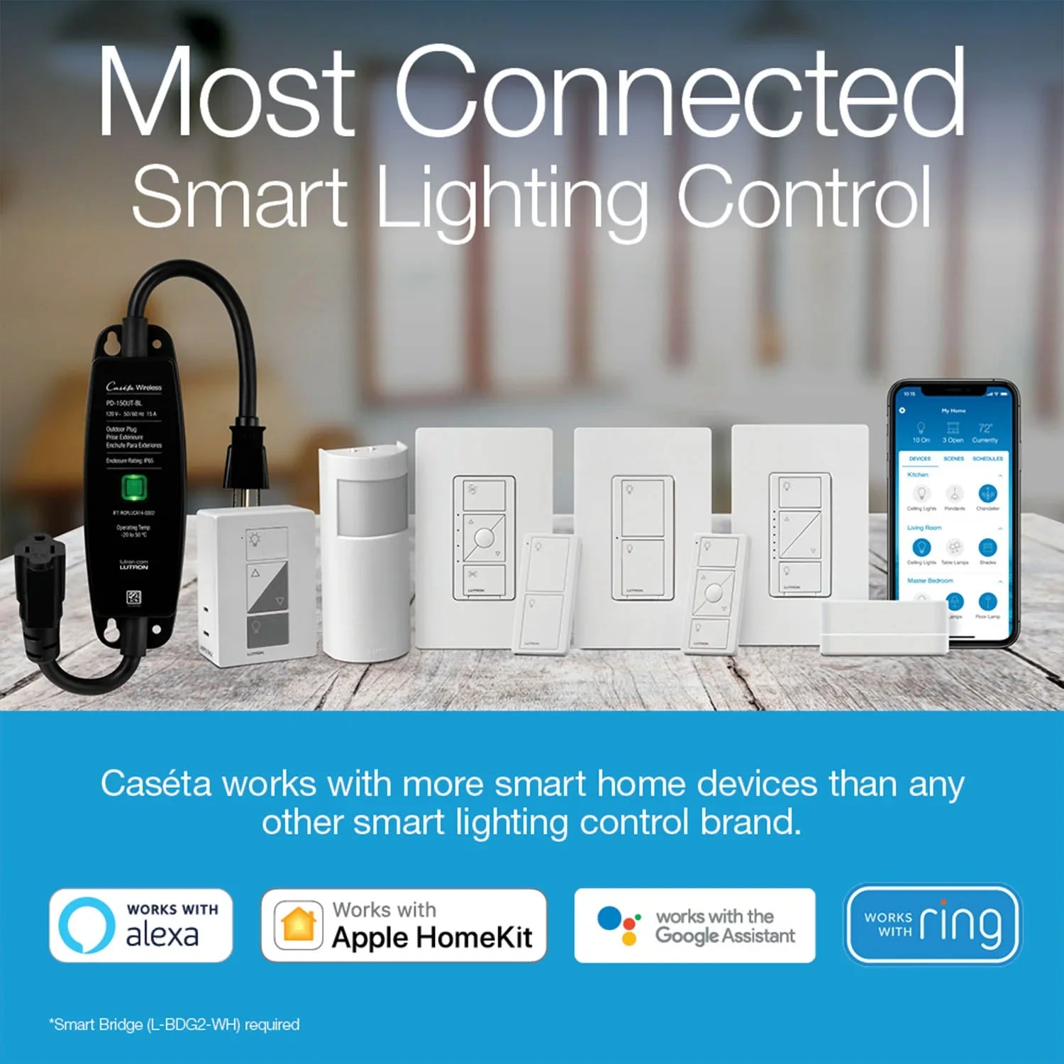 Caseta Wireless Smart Dimmer Switch, 500W ELV/250W LED, 3-Way/Multi-Location, Neutral Required, Black - Bees Lighting