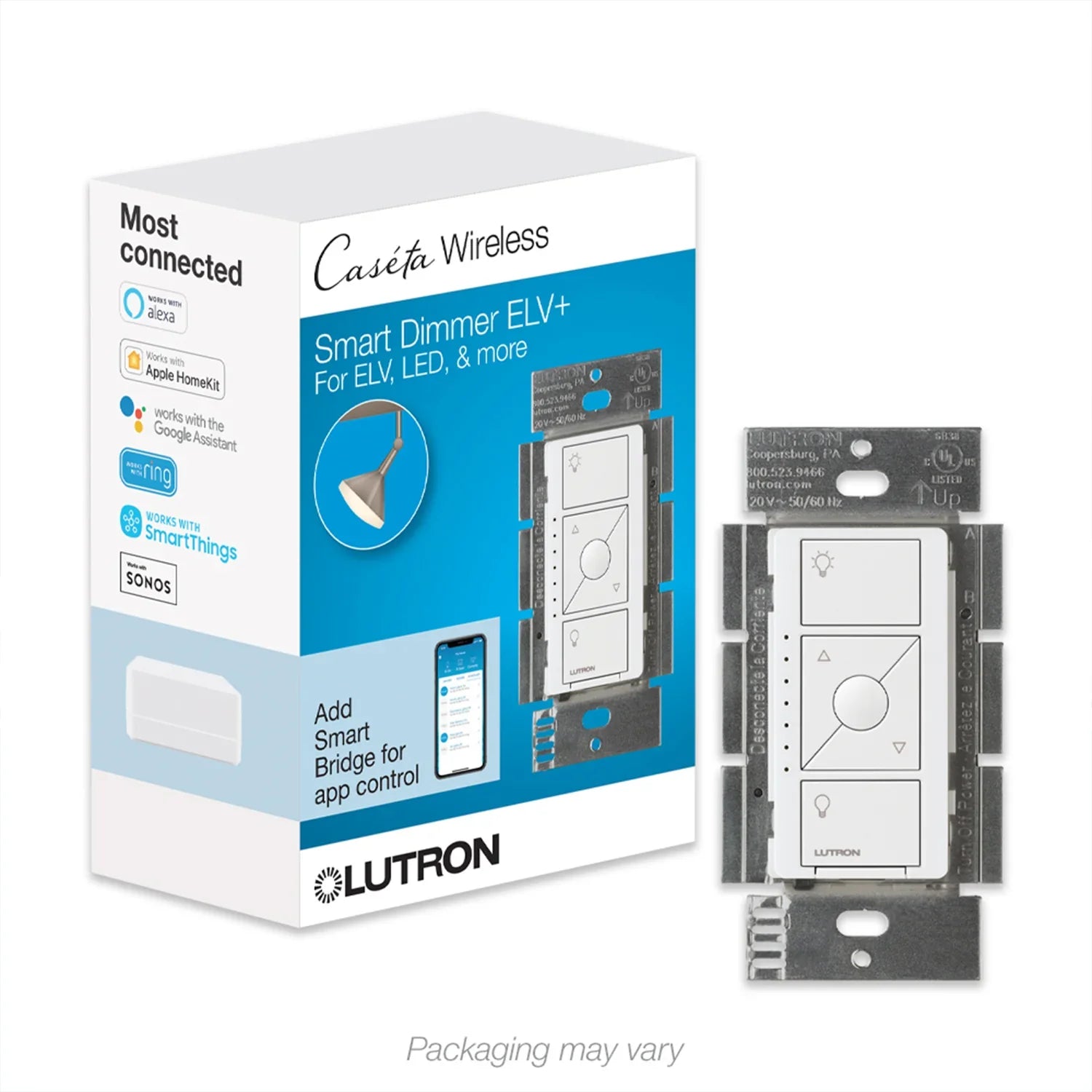 Caseta Wireless Smart Dimmer Switch, 500W ELV/250W LED, 3-Way/Multi-Location, Neutral Required, Black - Bees Lighting