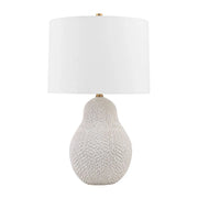 Crater Table Lamp Ceramic Satin White Gold with Patina Brass Accents - Bees Lighting