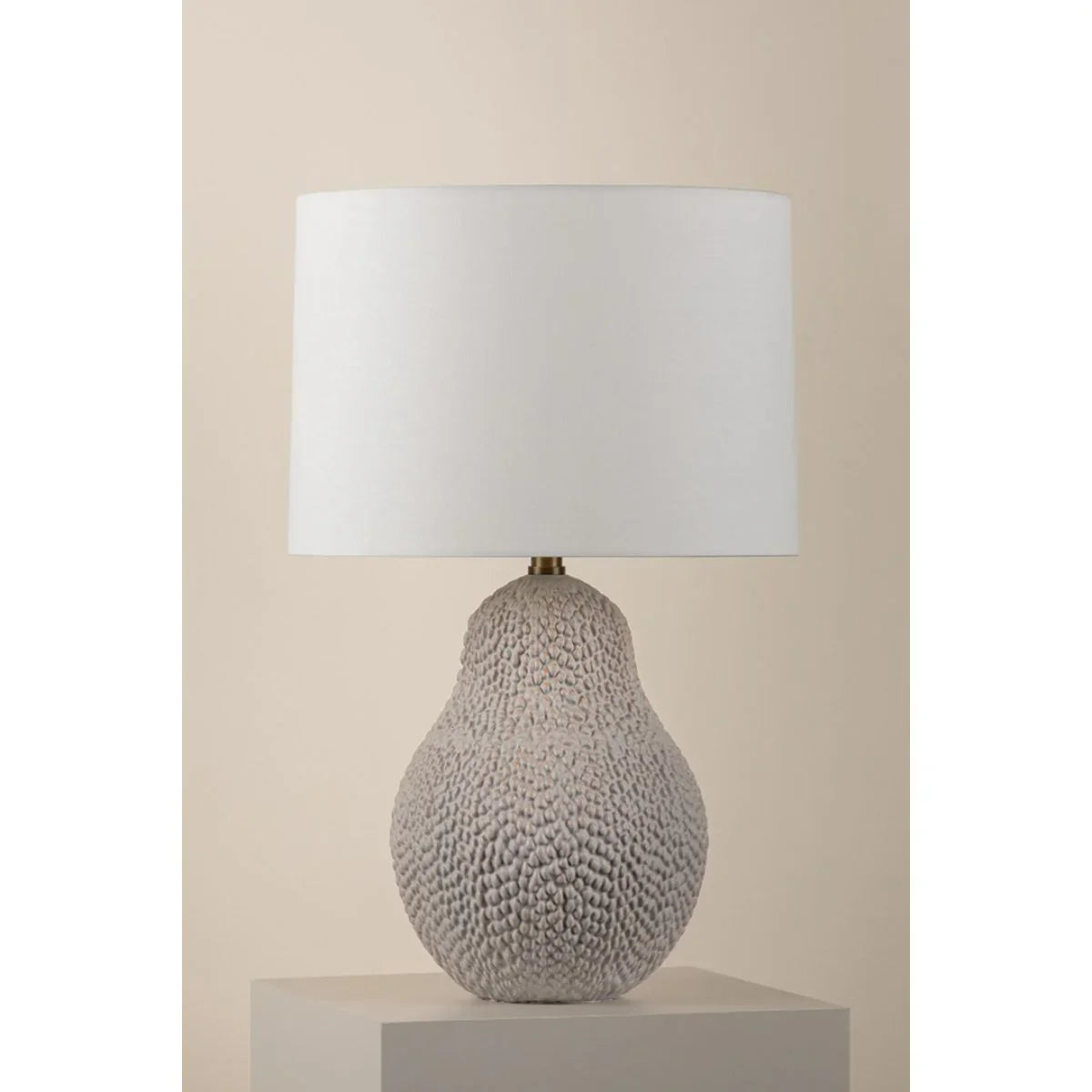 Crater Table Lamp Ceramic Satin White Gold with Patina Brass Accents - Bees Lighting