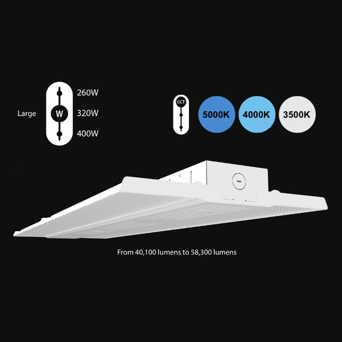High Bay LED Light, 60000 Lumens, 400W, 35K/40K/50K, 120/277V, Battery Backup