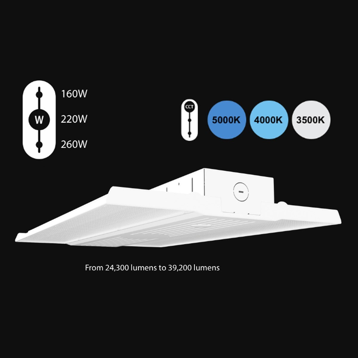 High Bay LED Light, 40000 Lumens, 260W, 35K/40K/50K, 120/277V, Battery Backup