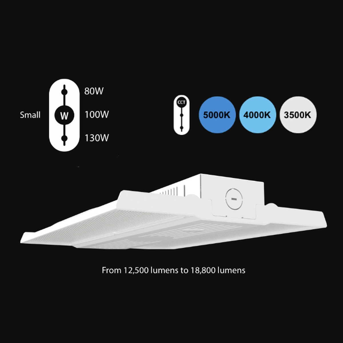 High Bay LED Light, 19000 Lumens, 130W, 35K/40K/50K, 120/277V, Battery Backup