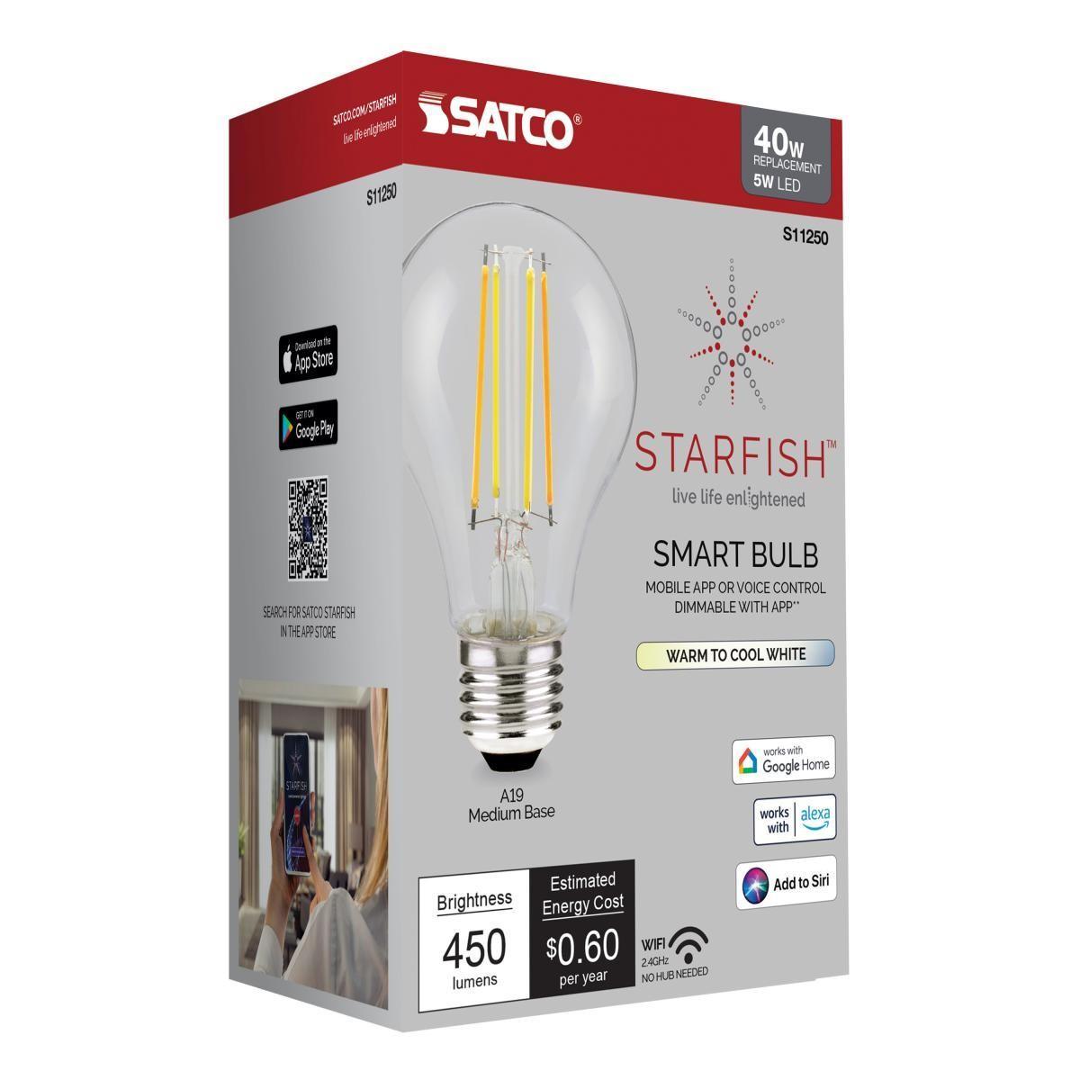 Starfish A19 Wi-Fi Smart Filament Filament LED Bulb, 5 Watts, 450 Lumens, 27K/30K/40K/50K, Tunable White - Bees Lighting