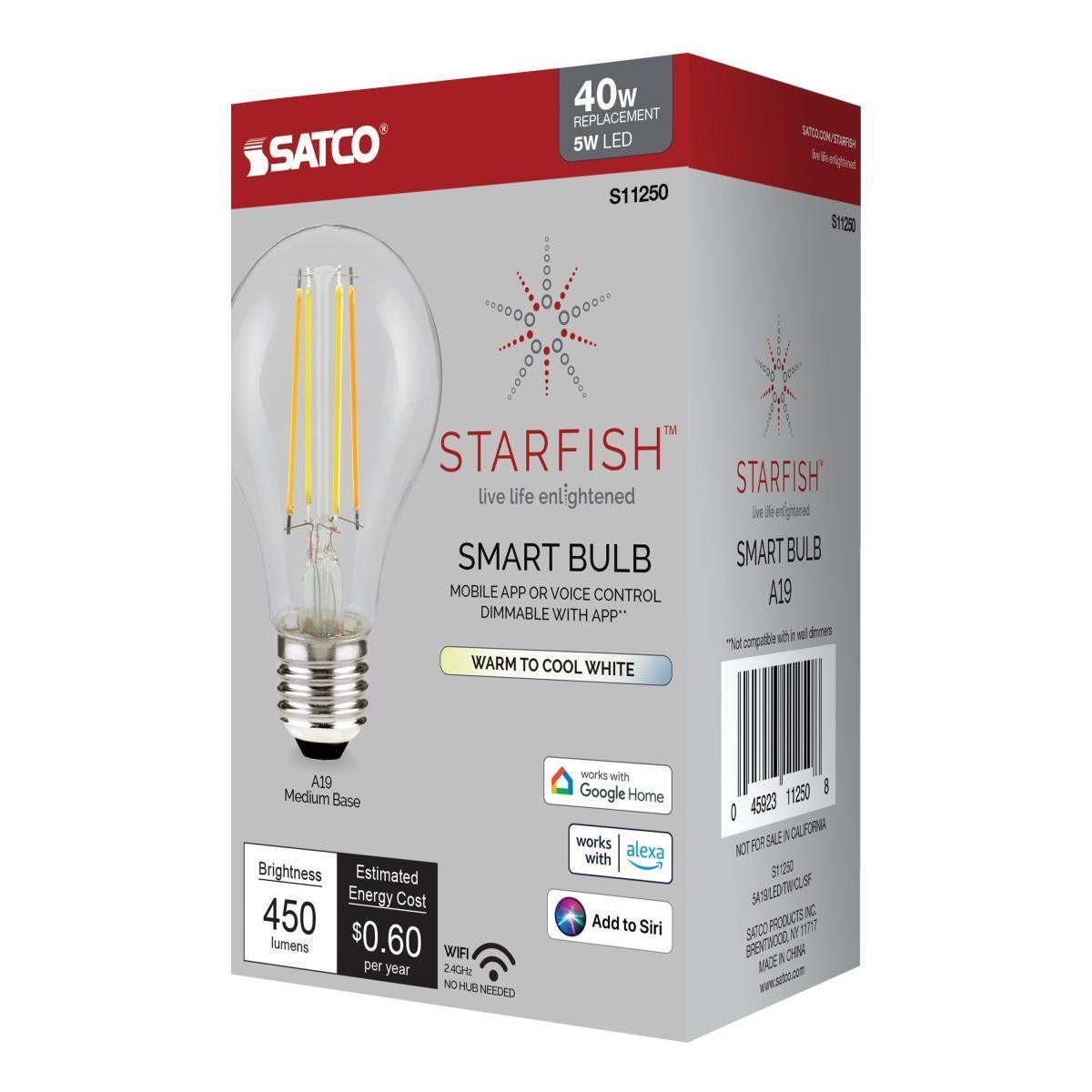 Starfish A19 Wi-Fi Smart Filament Filament LED Bulb, 5 Watts, 450 Lumens, 27K/30K/40K/50K, Tunable White - Bees Lighting