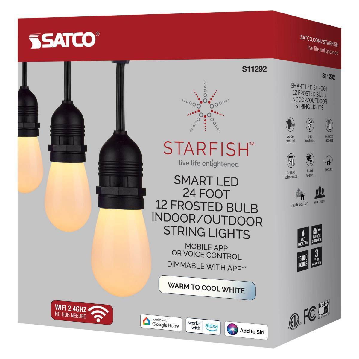 Starfish Wi Fi smart LED indoor/outdoor string light, Tunable White, 24 Feet, 12 Frosted Bulb - Bees Lighting