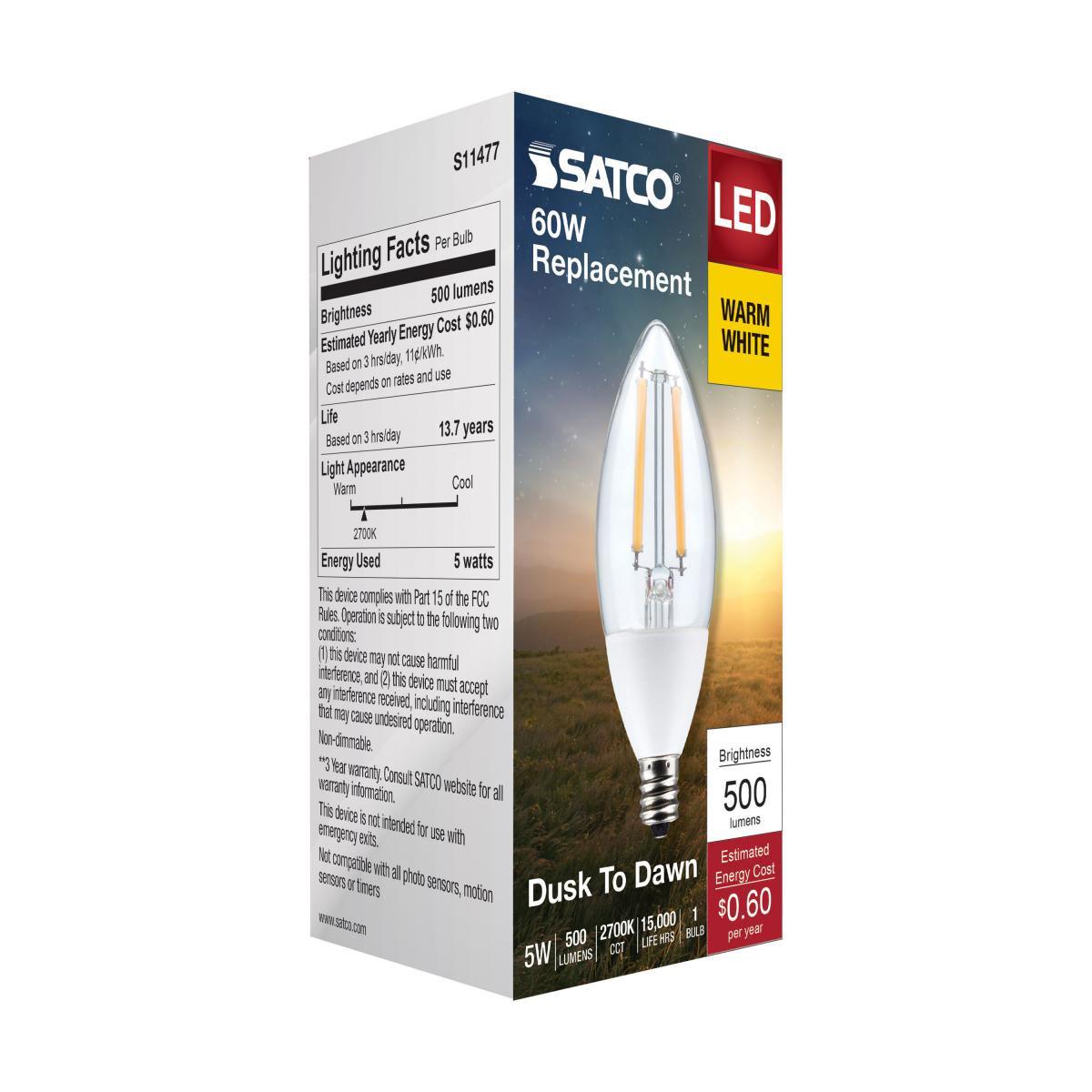 B11 Candle Filament LED Bulb, 40W Equivalent,5 Watt, 500 Lumens, 2700K, E12 Candelabra Base, Clear Finish, With Photocell - Bees Lighting