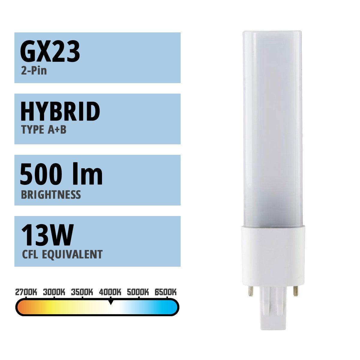 2 pin PL LED Bulb, 5 Watt 500 Lumens, 4000K, Horizontal, Replaces 13W CFL, GX23 Base, Direct Or Bypass - Bees Lighting