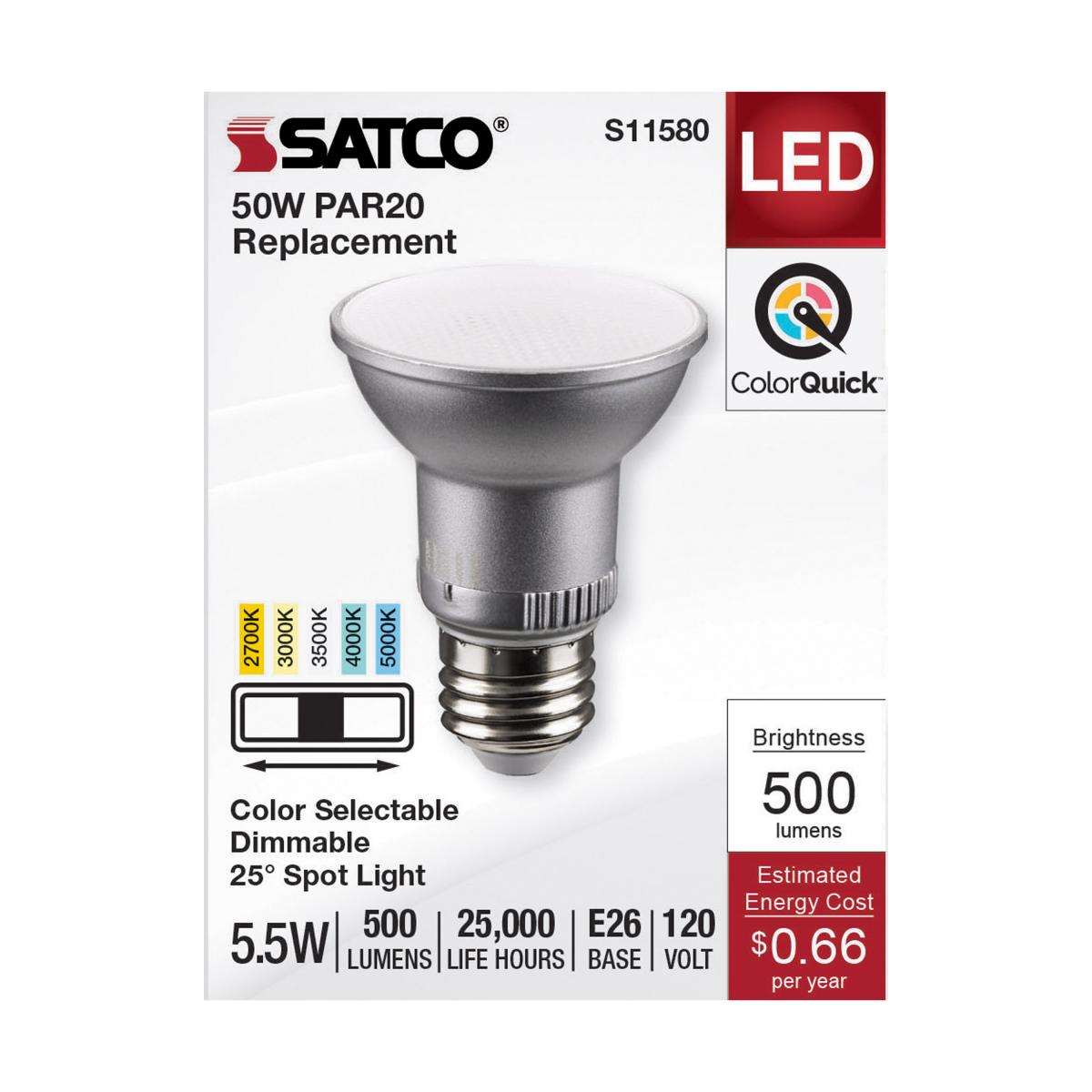 PAR20 Reflector LED Bulb, 6 Watt, 500 Lumens, Selectable CCT 2700K to 5000K, E26 Medium Base, 25 Deg. Spot