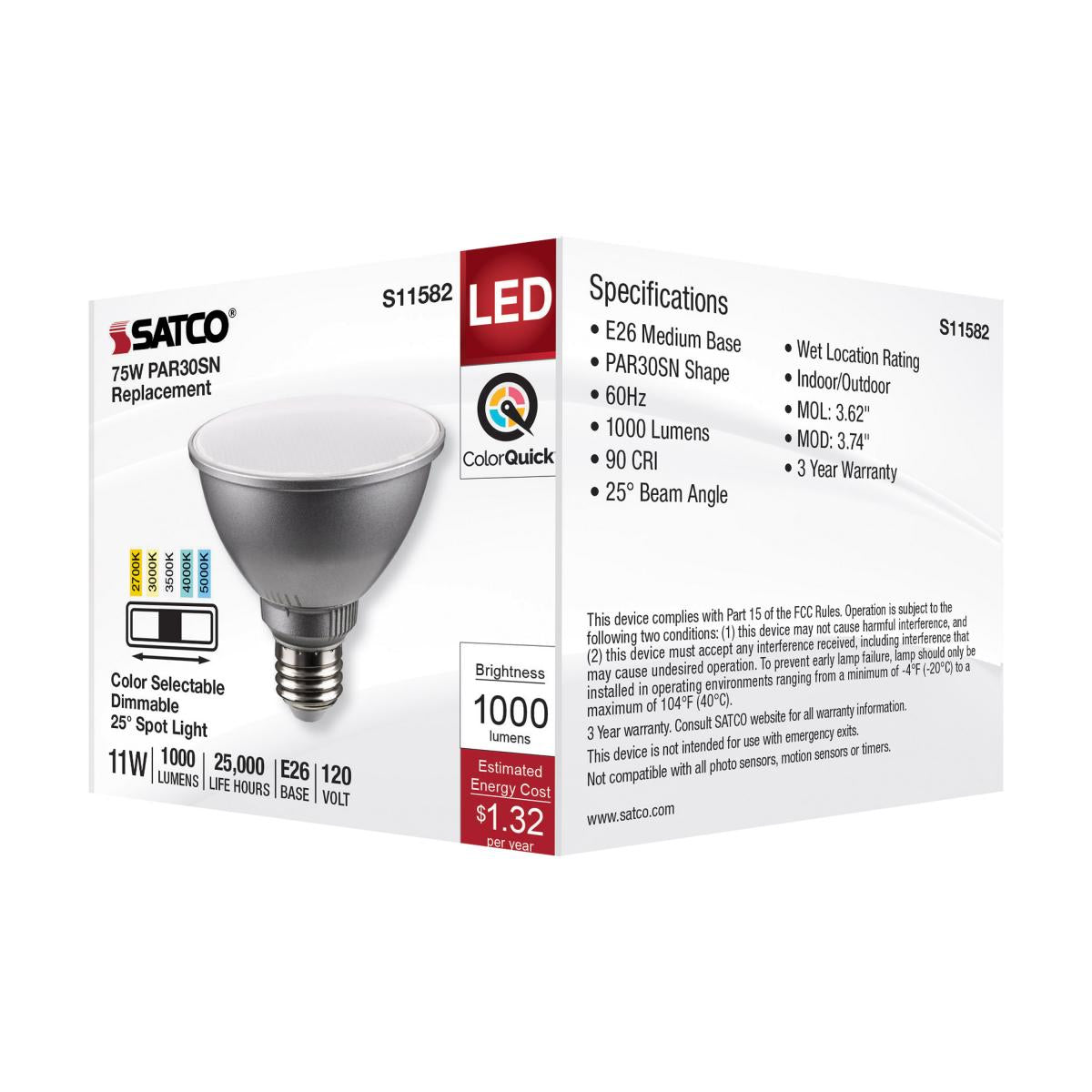 PAR30 Short Neck Reflector LED Bulb, 11 Watt, 1000 Lumens, Selectable CCT 2700K to 5000K, E26 Medium Base, 25 Deg. Spot
