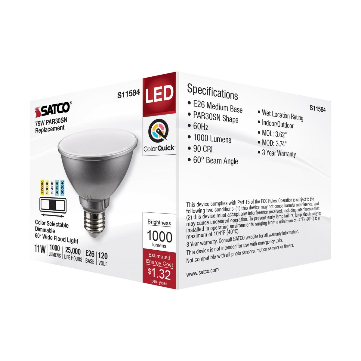 PAR30 Short Neck Reflector LED Bulb, 11 Watt, 1000 Lumens, Selectable CCT 2700K to 5000K, E26 Medium Base, 60 Deg. Wide Flood