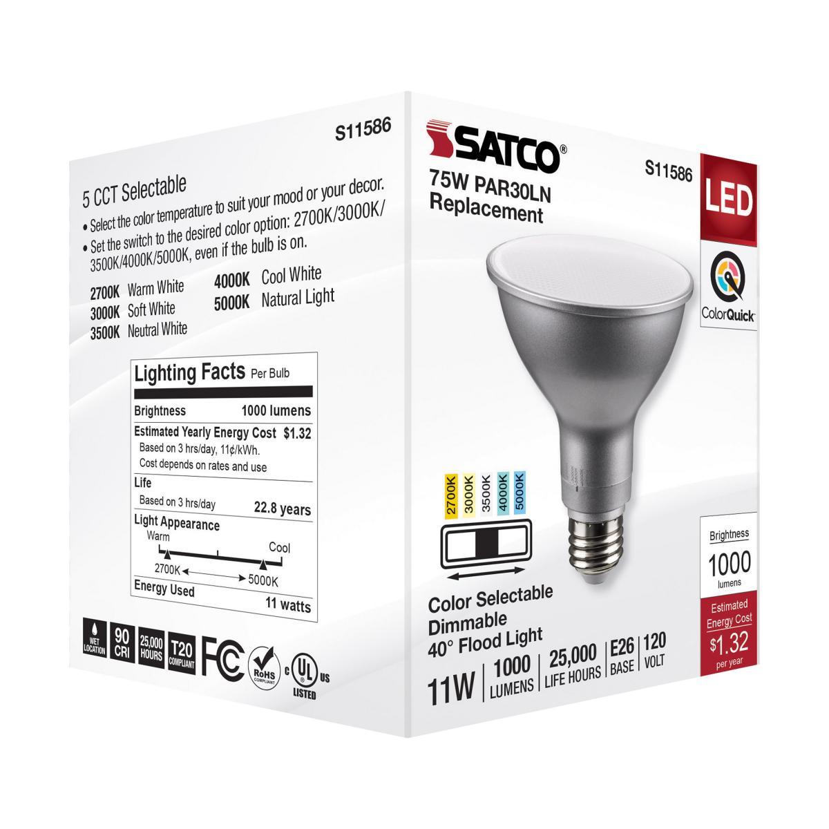PAR30 Long Neck Reflector LED Bulb, 11 Watt, 1000 Lumens, Selectable CCT 2700K to 5000K, E26 Medium Base, 40 Deg. Flood
