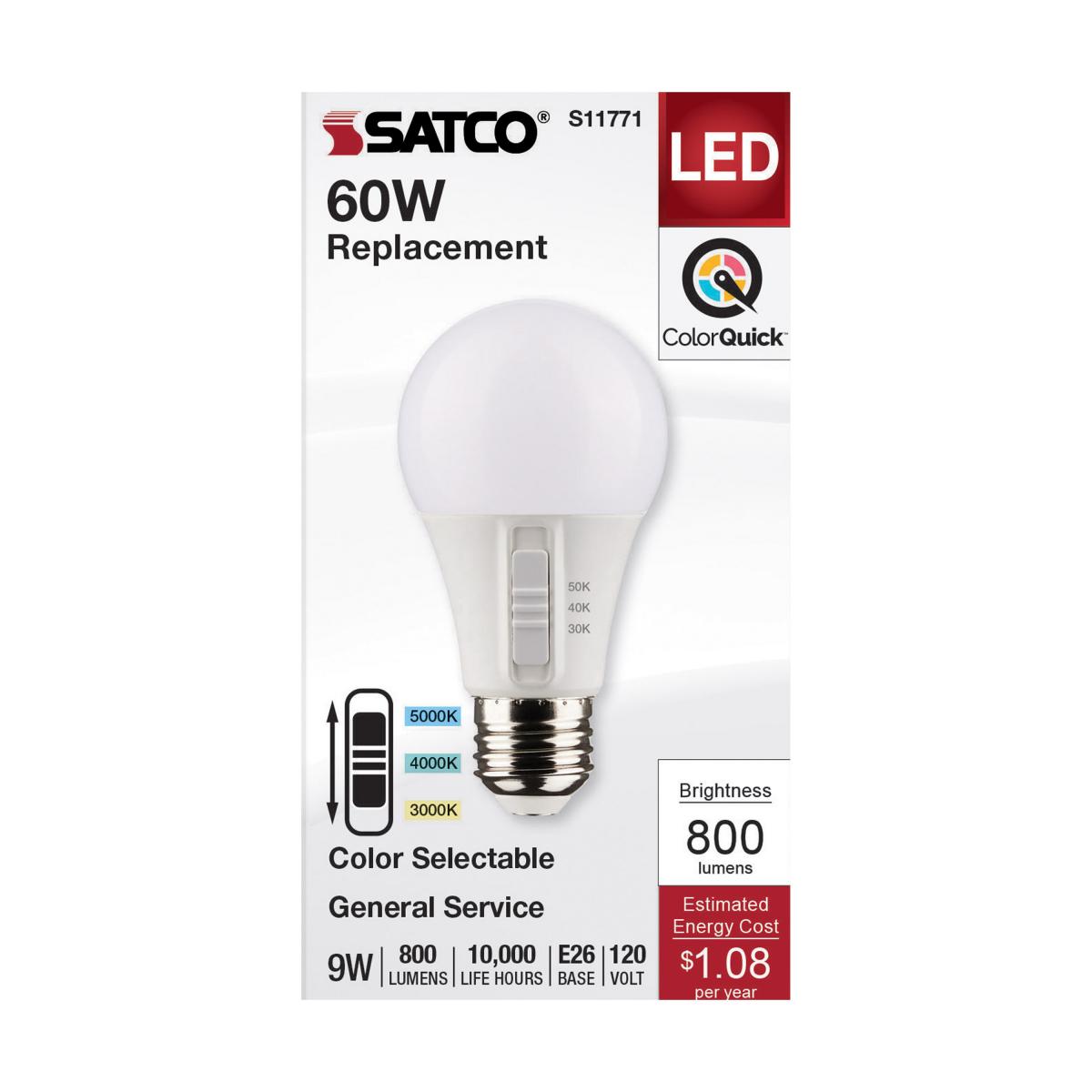 A19 LED Bulb, 60W Equivalent, 9 Watt, 800 Lumens, Selectable CCT 30K/40K/50K, E26 Medium Base, Frosted Finish