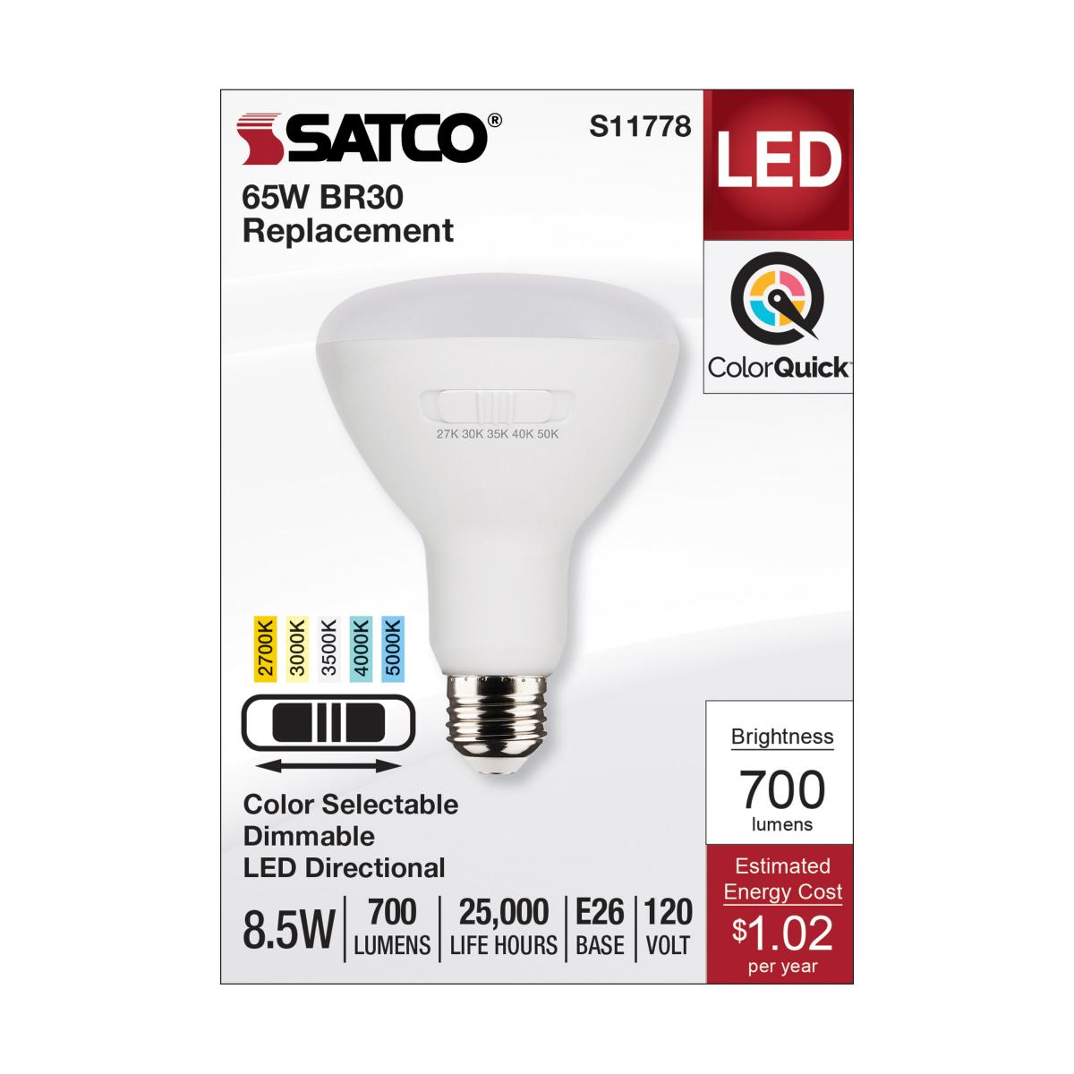 R30/BR30 Reflector LED Bulb, 9 Watt, 700 Lumens, Selectable CCT 2700K to 5000K, E26 Medium Base, 100 Deg. Flood