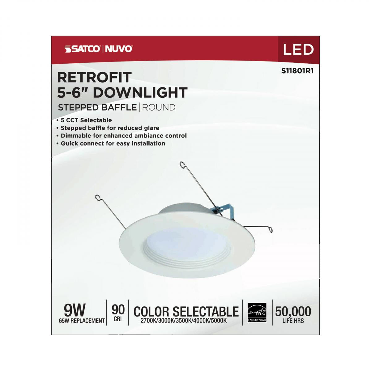 5/6 inch Retrofit LED Recessed Can Light, Edge-Lit, Round, 9 Watt, 800 Lumens, Selectable CCT, 2700K to 5000K, Baffle Trim