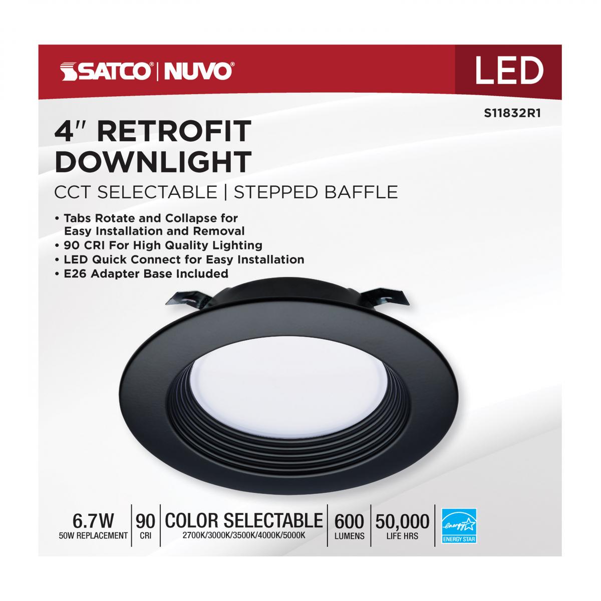 4 Inch Round LED Downlight Retrofit, 7 Watt, 600 Lumens, Selectable CCT, 2700K to 5000K, Black Finish