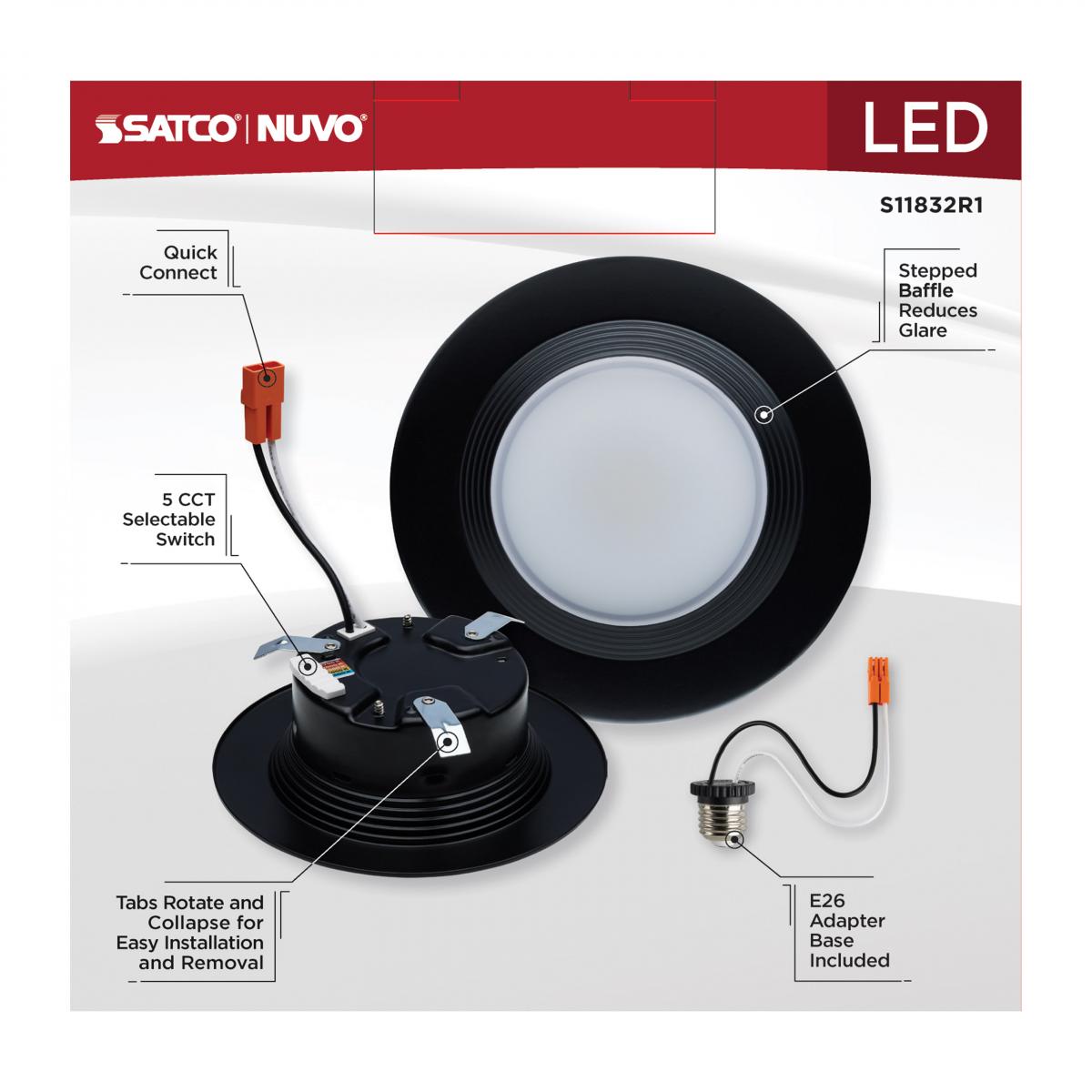 4 Inch Round LED Downlight Retrofit, 7 Watt, 600 Lumens, Selectable CCT, 2700K to 5000K, Baffle Trim, Black Finish
