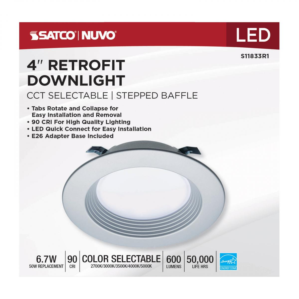 4 Inch Round LED Downlight Retrofit, 7 Watt, 600 Lumens, Selectable CCT, 2700K to 5000K, Brushed Nickel Finish