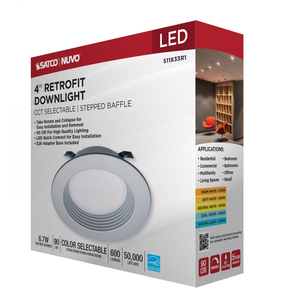 4 Inch Round LED Downlight Retrofit, 7 Watt, 600 Lumens, Selectable CCT, 2700K to 5000K, Baffle Trim, Brushed Nickel Finish