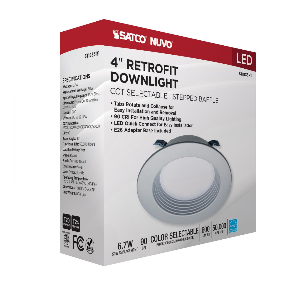 4 Inch Round LED Downlight Retrofit, 7 Watt, 600 Lumens, Selectable CCT, 2700K to 5000K, Baffle Trim, Brushed Nickel Finish
