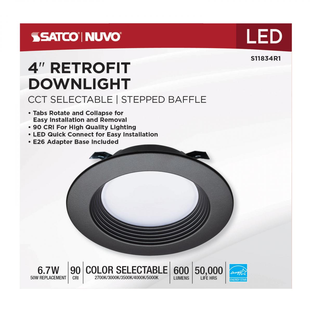 4 Inch Round LED Downlight Retrofit, 7 Watt, 600 Lumens, Selectable CCT, 2700K to 5000K, Bronze Finish