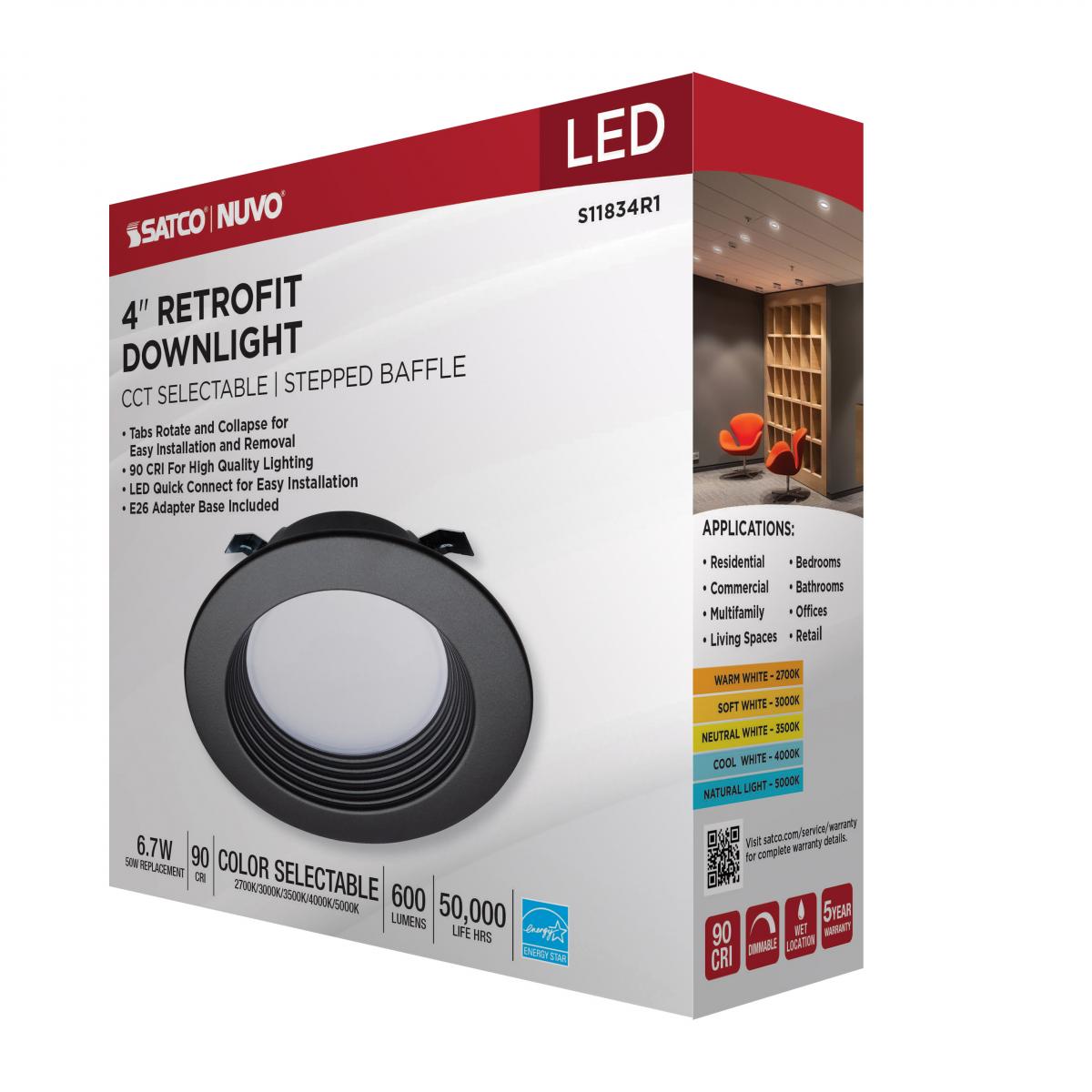 4 Inch Round LED Downlight Retrofit, 7 Watt, 600 Lumens, Selectable CCT, 2700K to 5000K, Baffle Trim, Bronze Finish