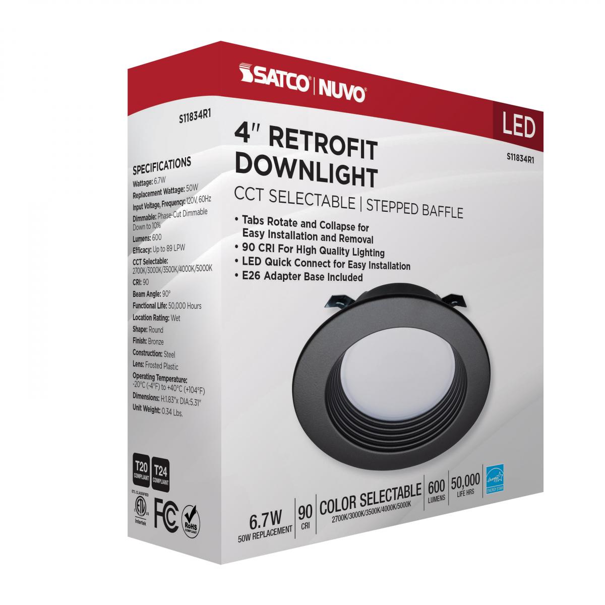 4 Inch Round LED Downlight Retrofit, 7 Watt, 600 Lumens, Selectable CCT, 2700K to 5000K, Baffle Trim, Bronze Finish