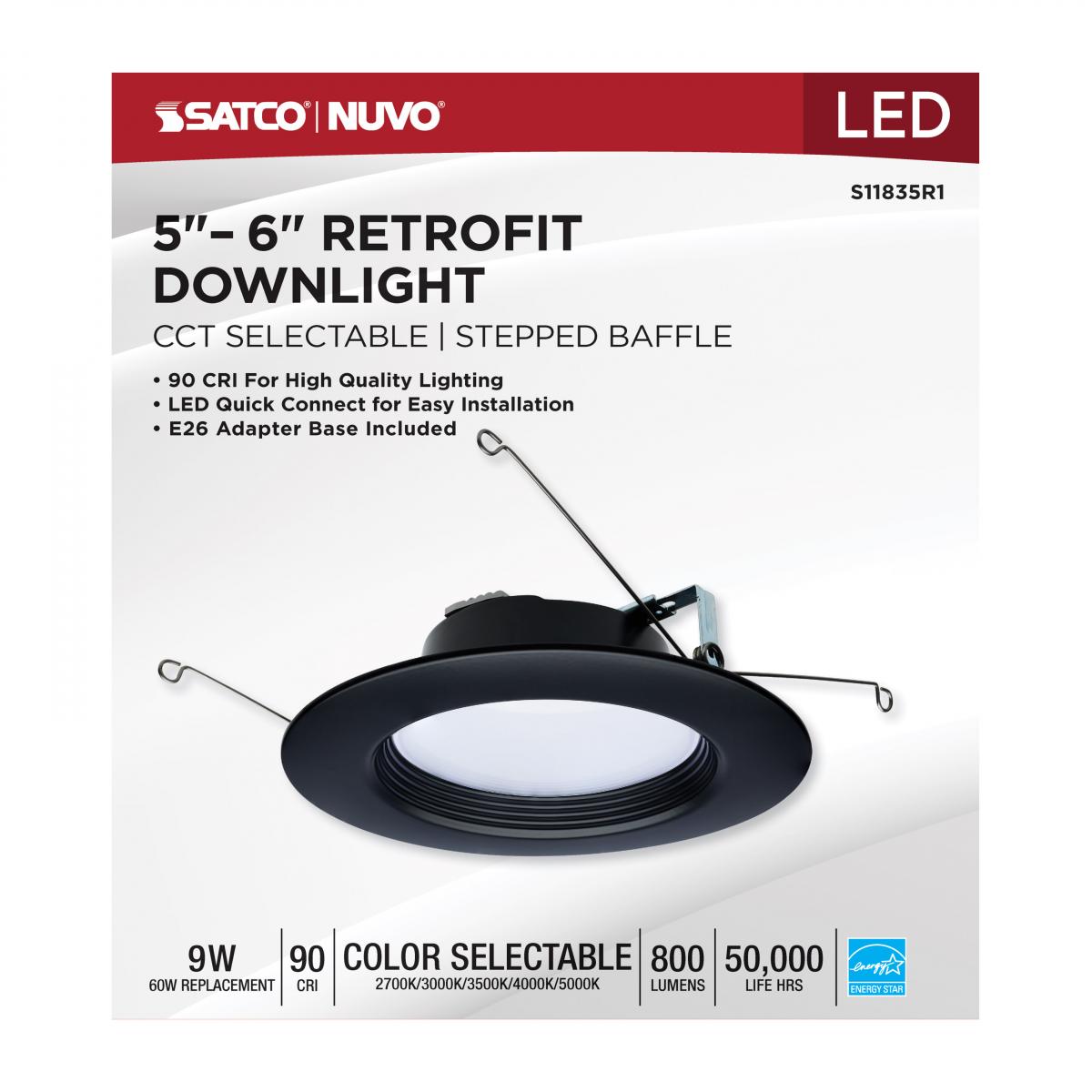 6 Inch Round LED Downlight Retrofit, 9 Watt, 800 Lumens, Selectable CCT, 2700K to 5000K, Black Finish