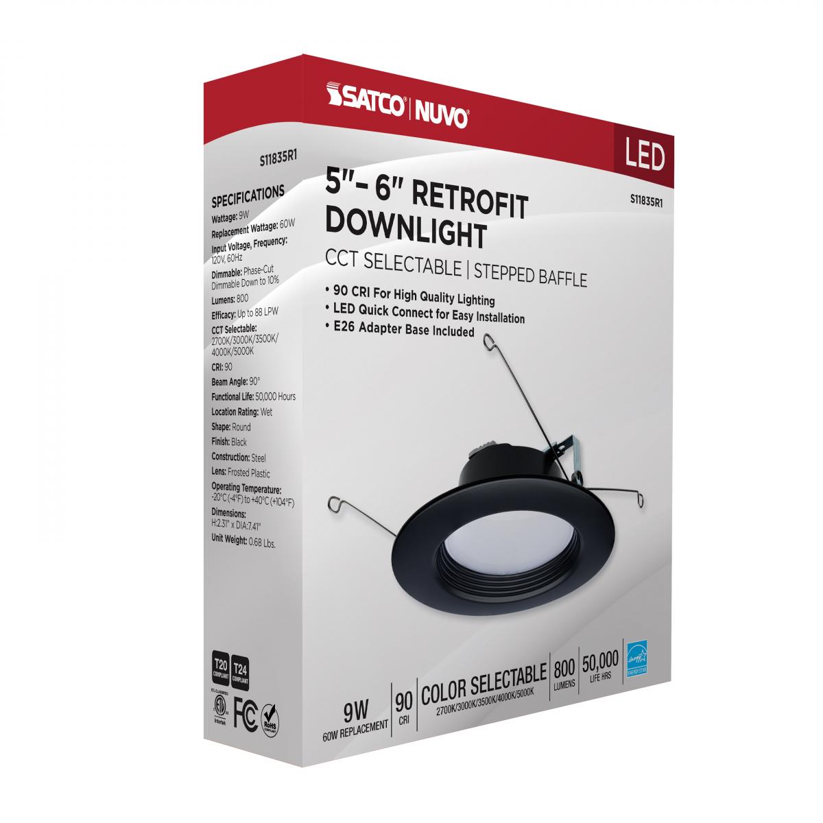 6 Inch Round LED Downlight Retrofit, 9 Watt, 800 Lumens, Selectable CCT, 2700K to 5000K, Baffle Trim, Black Finish