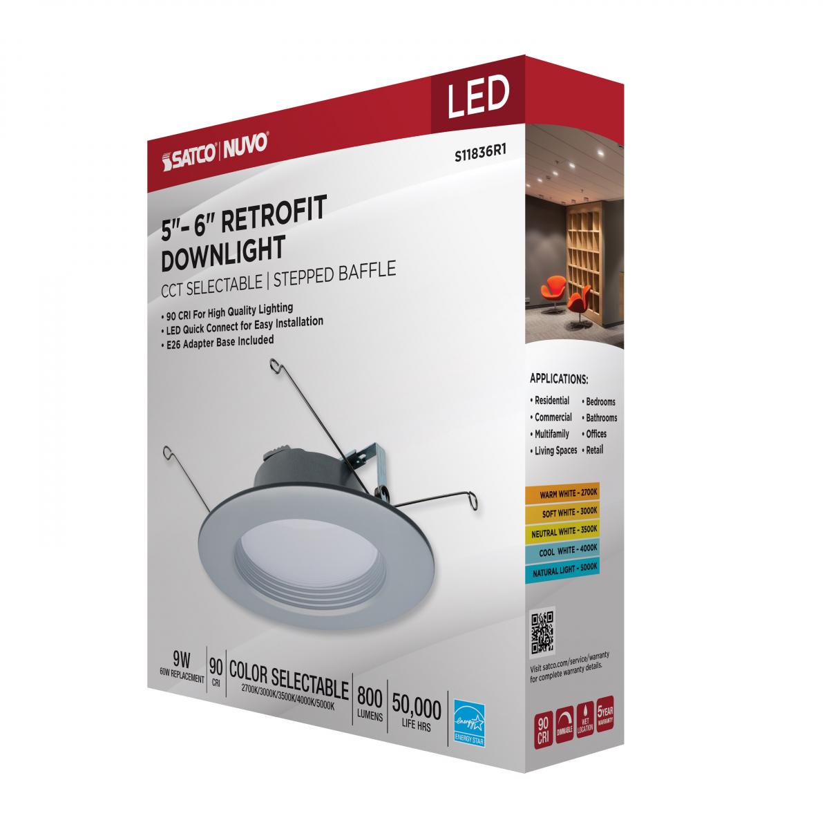 6 Inch Round LED Downlight Retrofit, 9 Watt, 800 Lumens, Selectable CCT, 2700K to 5000K, Baffle Trim, Brushed Nickel Finish