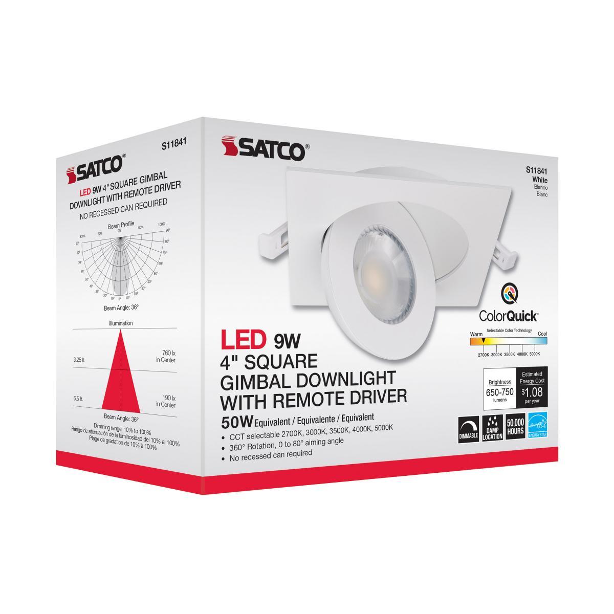 4 Inch Square Gimbal Downlight with Remote Driver, 9 Watt, 750 Lumens, Selectable CCT, 2700K to 5000K, Remote Driver, White Finish