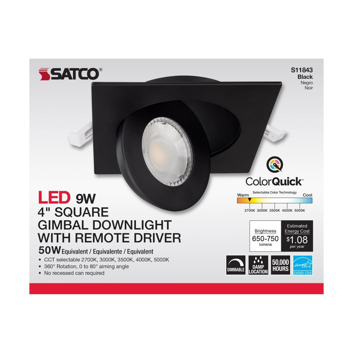 4 Inch Square Gimbal Downlight with Remote Driver, Square, 9 Watt, 750 Lumens, Selectable CCT, 2700K to 5000K, Remote Driver, Black Finish