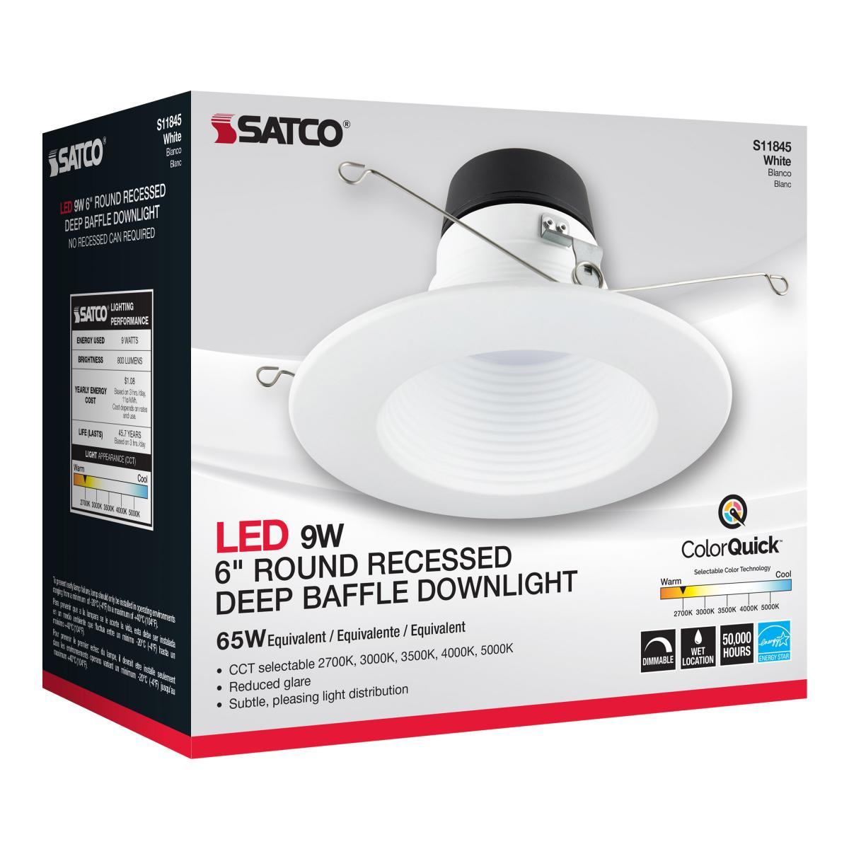 6 inch Deep Baffle LED Can Light, 9 Watt, 800 Lumens, Selectable CCT, 2700K to 5000K, 120V