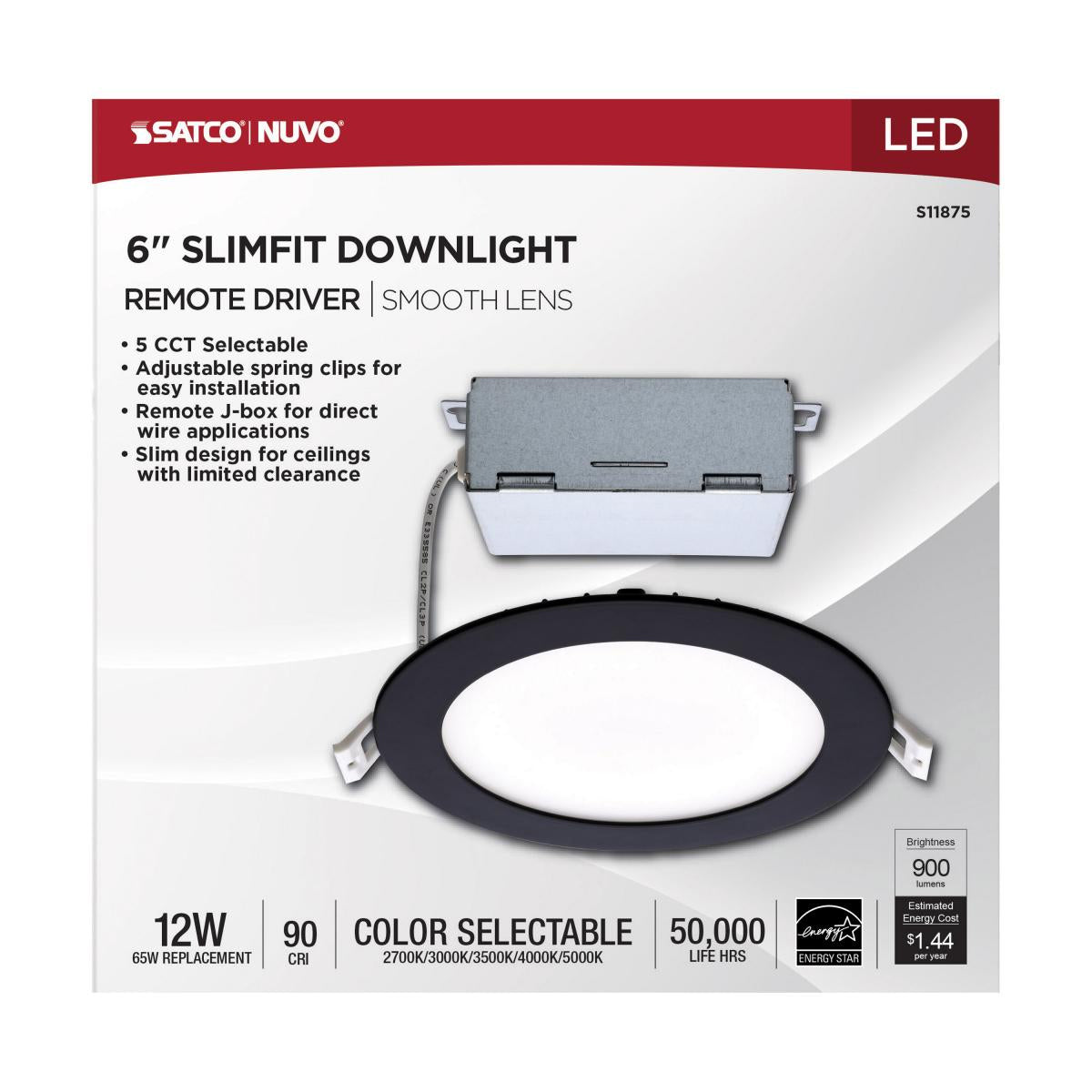 Slim Fit Canless LED Recessed Light, 6 inch, Edge-Lit, Round, 12 Watt, 900 Lumens, Selectable CCT, 2700K to 5000K, Black Finish