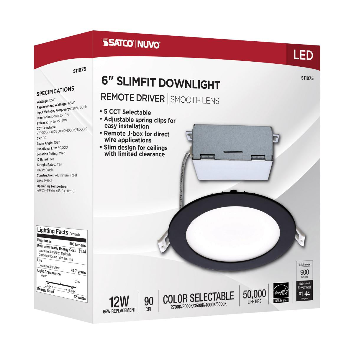 Slim Fit Canless LED Recessed Light, 6 inch, Edge-Lit, Round, 12 Watt, 900 Lumens, Selectable CCT, 2700K to 5000K, Black Finish