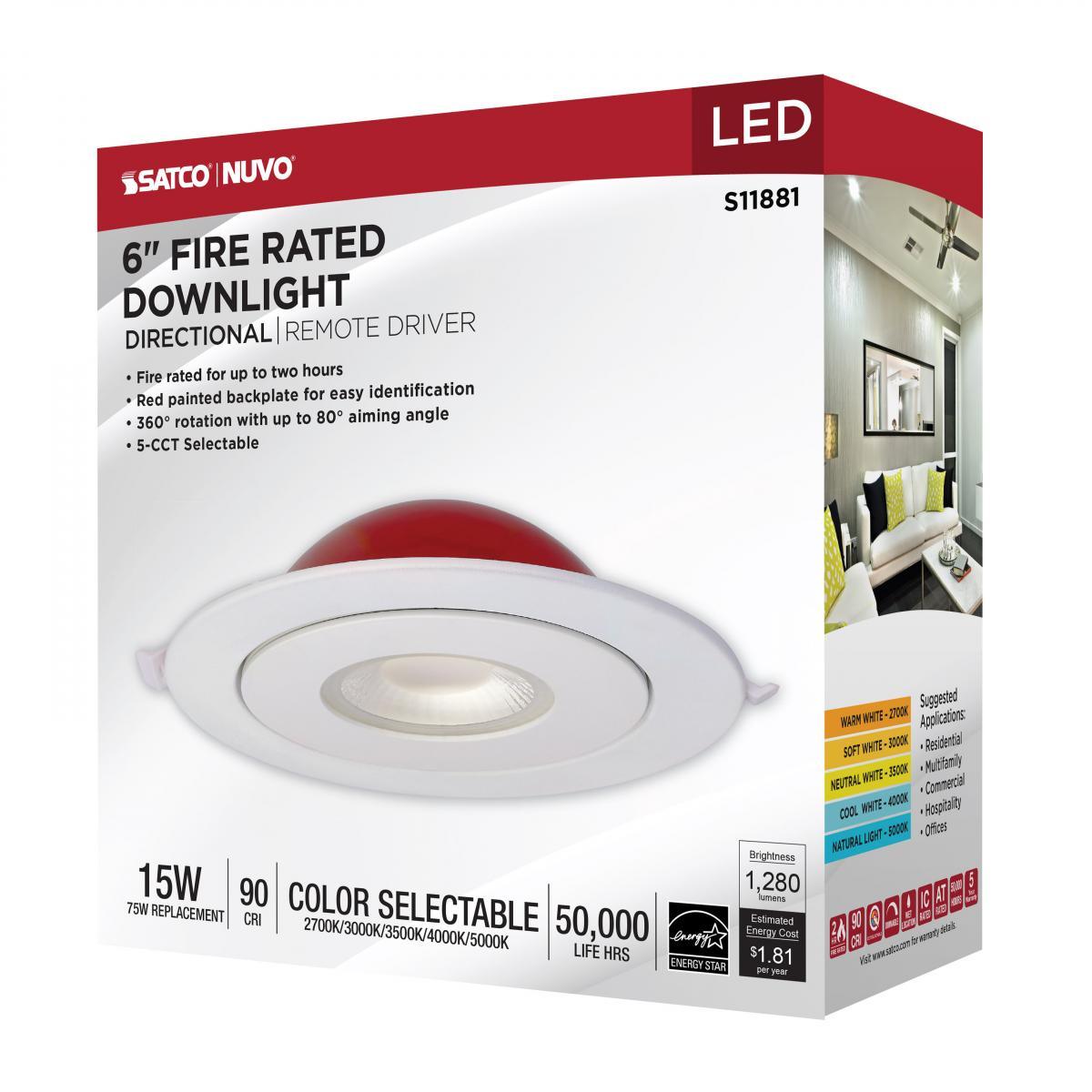 6 Inch Round LED Fire Rated Directional Downlight, 15 Watt, 1280 Lumens, Selectable CCT 2700K to 5000K, Adjustable Trim