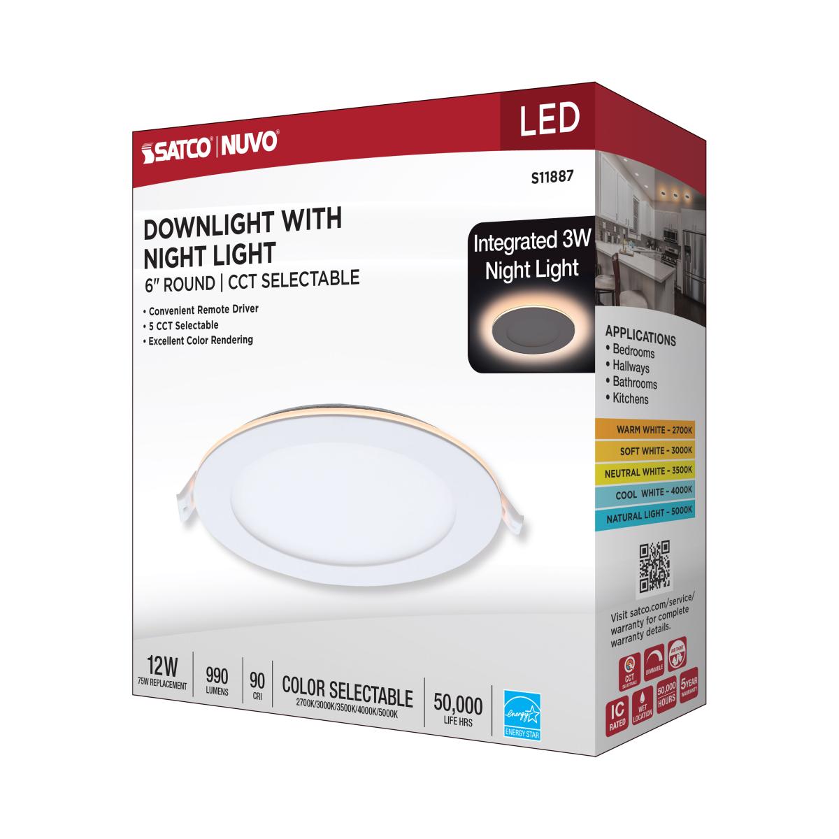 6" Round LED Recessed Downlight with Integrated Night Light, 12 Watts, 1000 Lumens, Selectable CCT