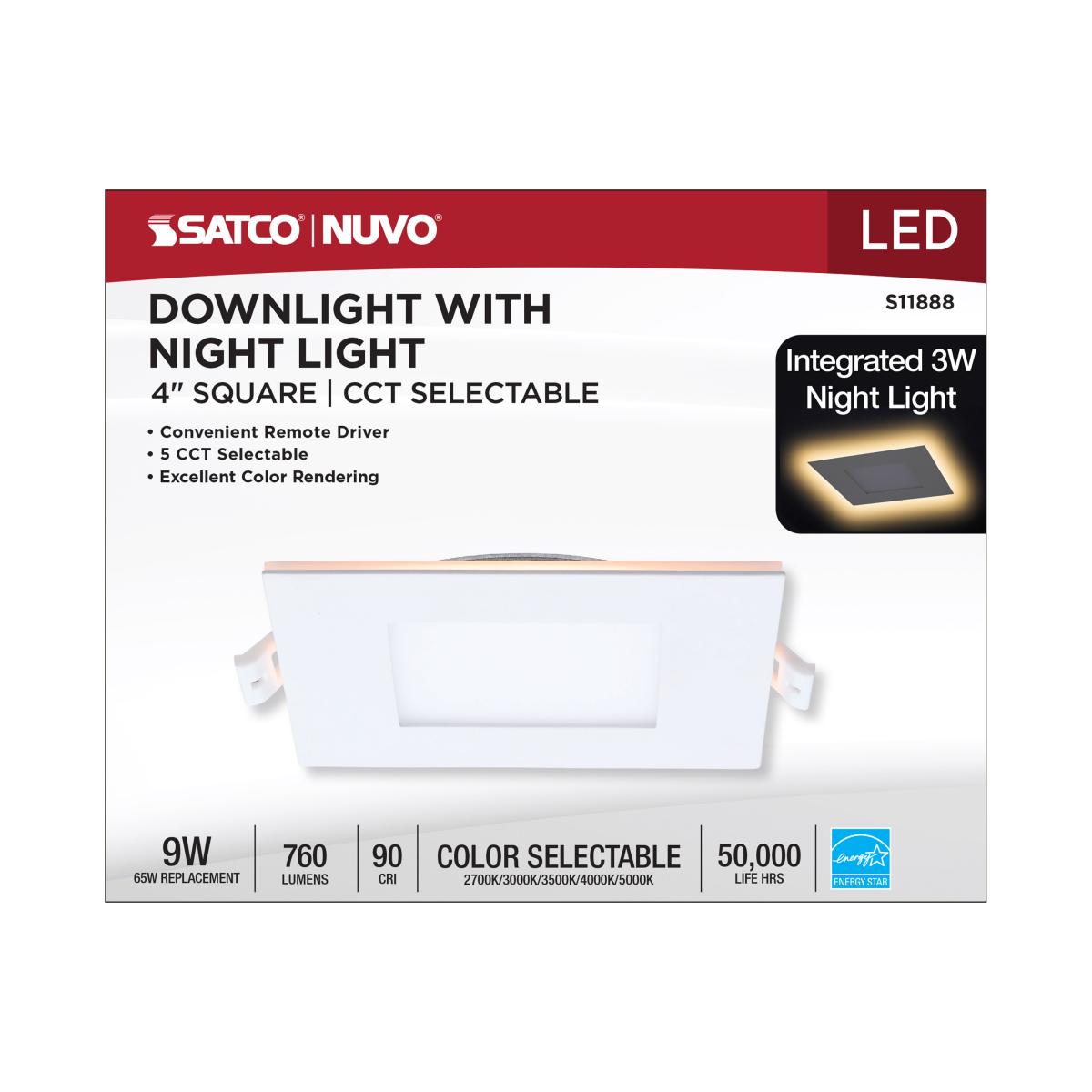4" Square LED Recessed Downlight with Night Light, 760 Lm, Selectable CCT