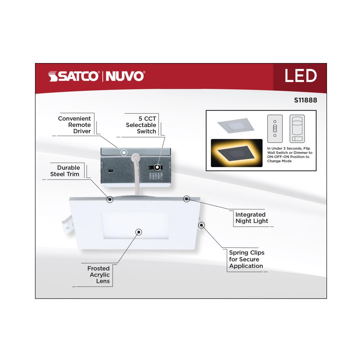 4" Square LED Recessed Downlight with Night Light, 760 Lm, Selectable CCT