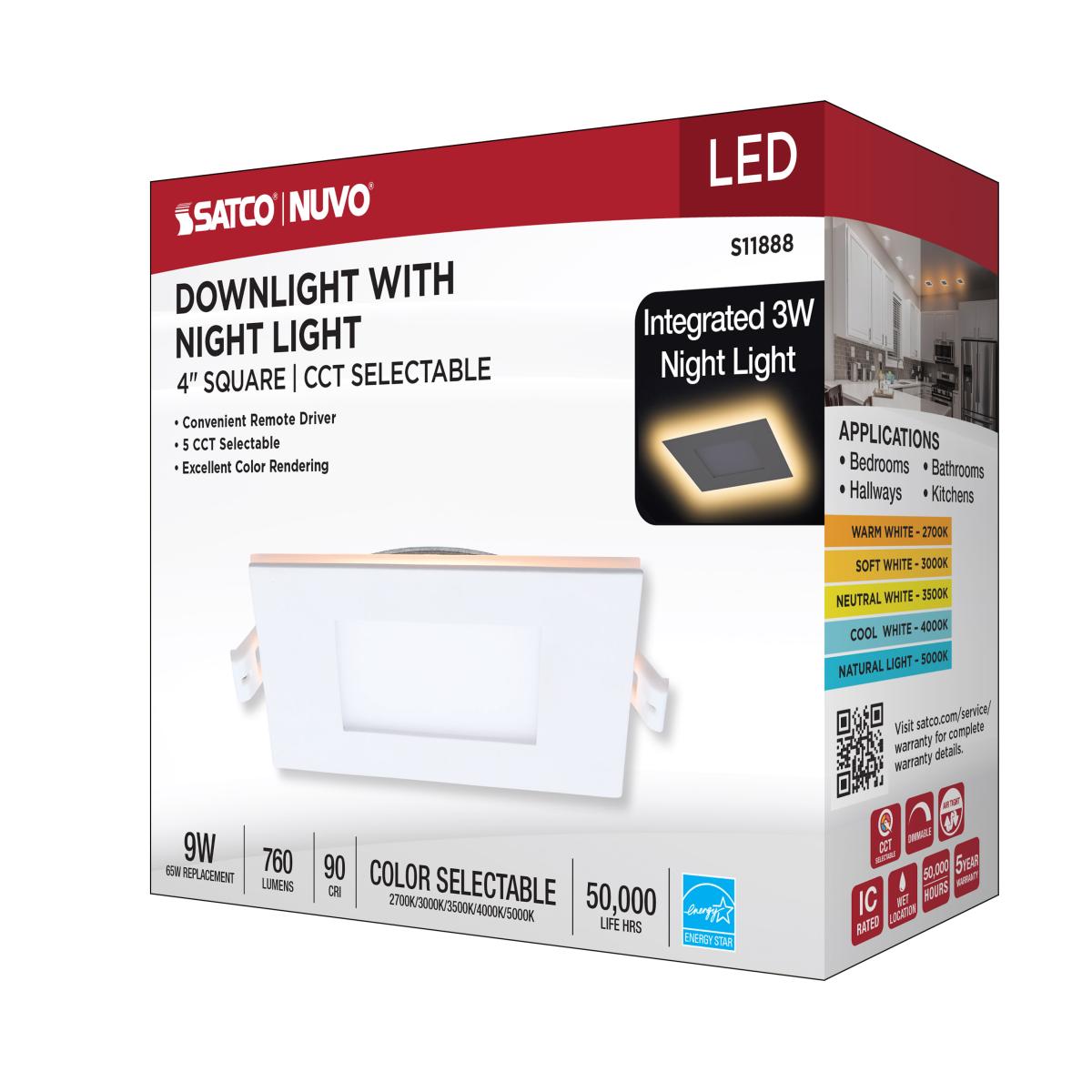 4" Square LED Recessed Downlight with Night Light, 760 Lm, Selectable CCT