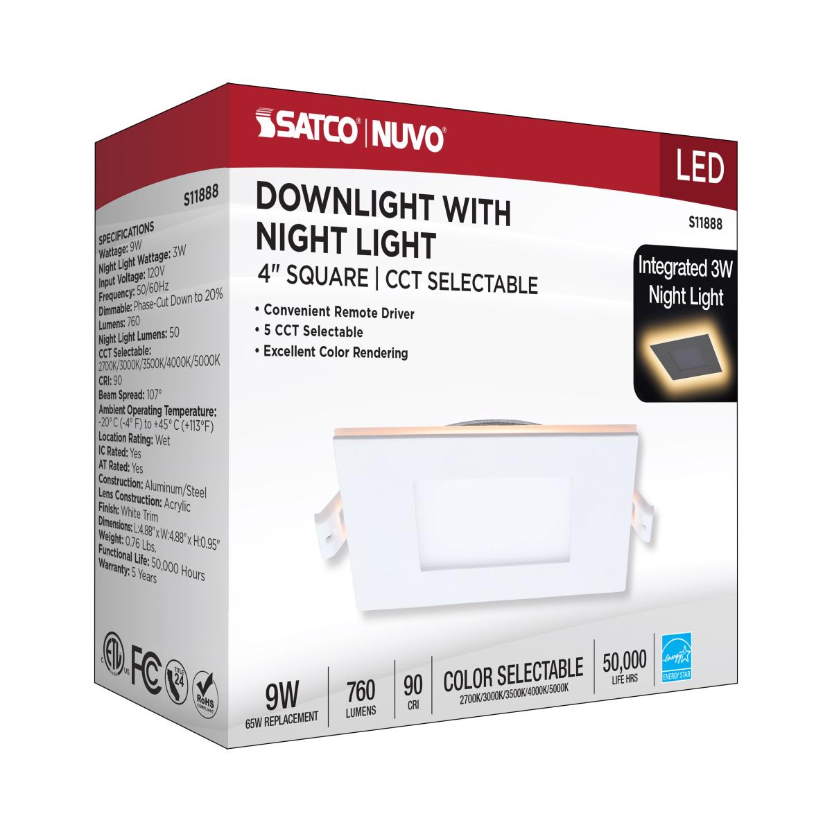 4" Square LED Recessed Downlight with Night Light, 760 Lm, Selectable CCT