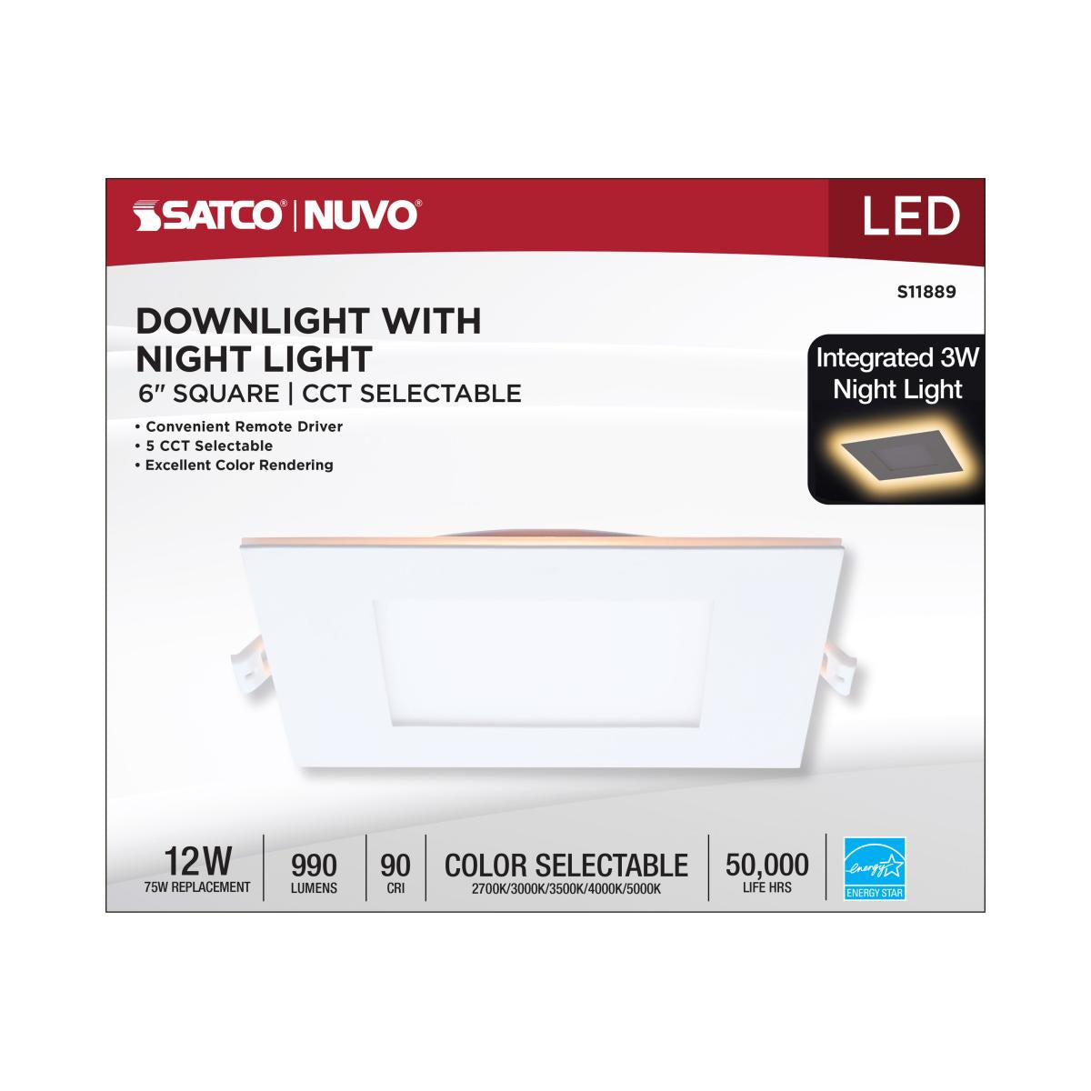 6" Square LED Recessed Downlight with Night Light, 1000 Lm, Selectable CCT