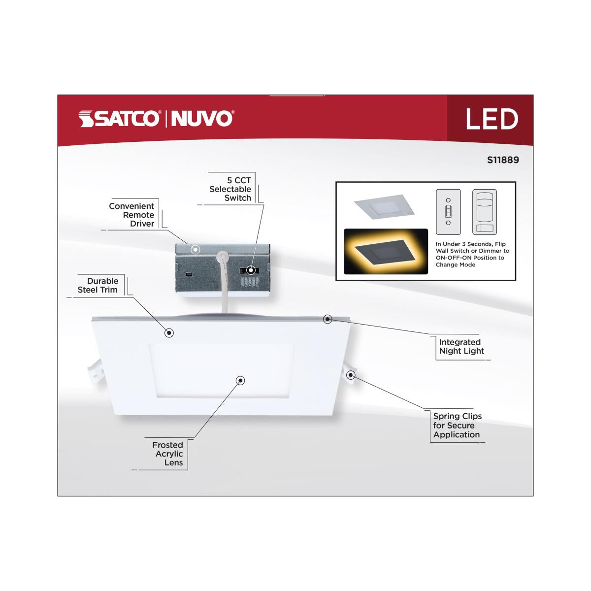 6" Square LED Recessed Downlight with Night Light, 1000 Lm, Selectable CCT