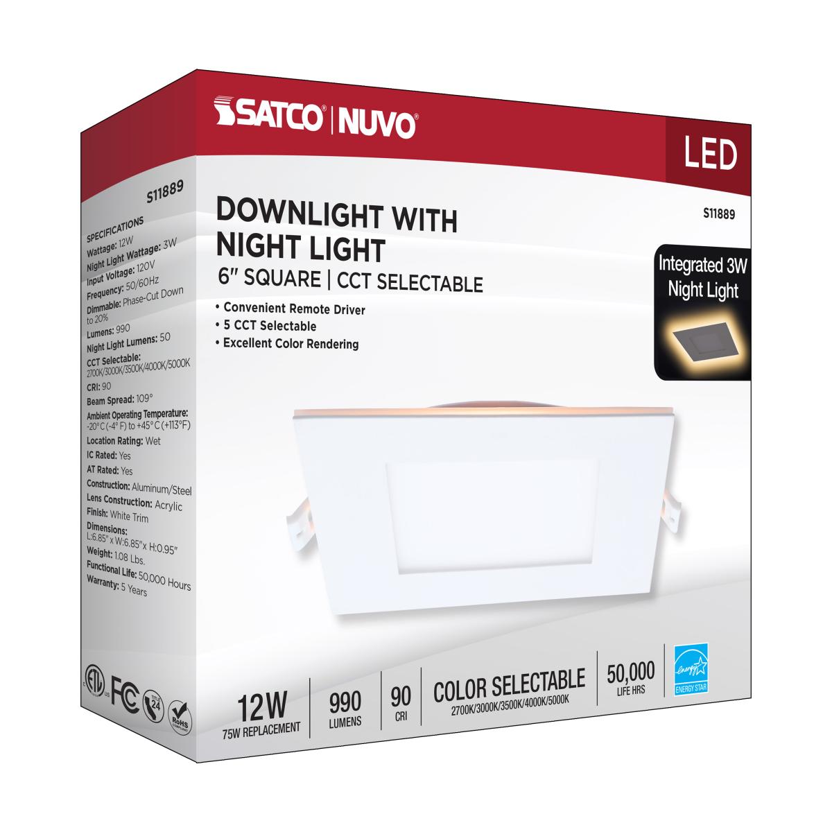 6" Square LED Recessed Downlight with Night Light, 1000 Lm, Selectable CCT