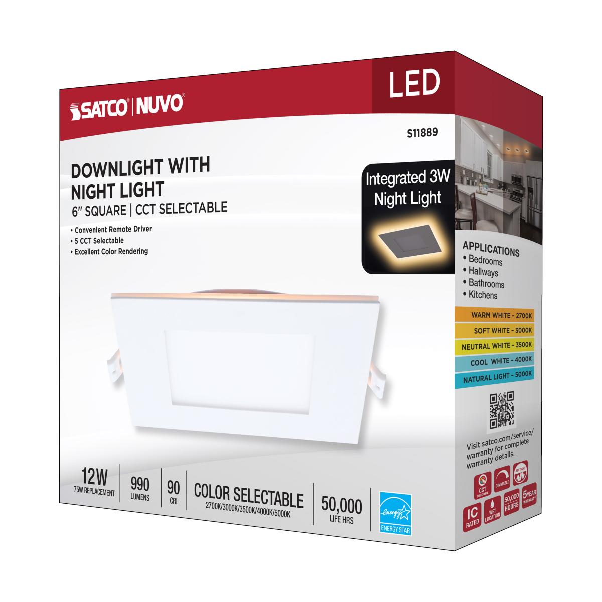 6" Square LED Recessed Downlight with Night Light, 1000 Lm, Selectable CCT