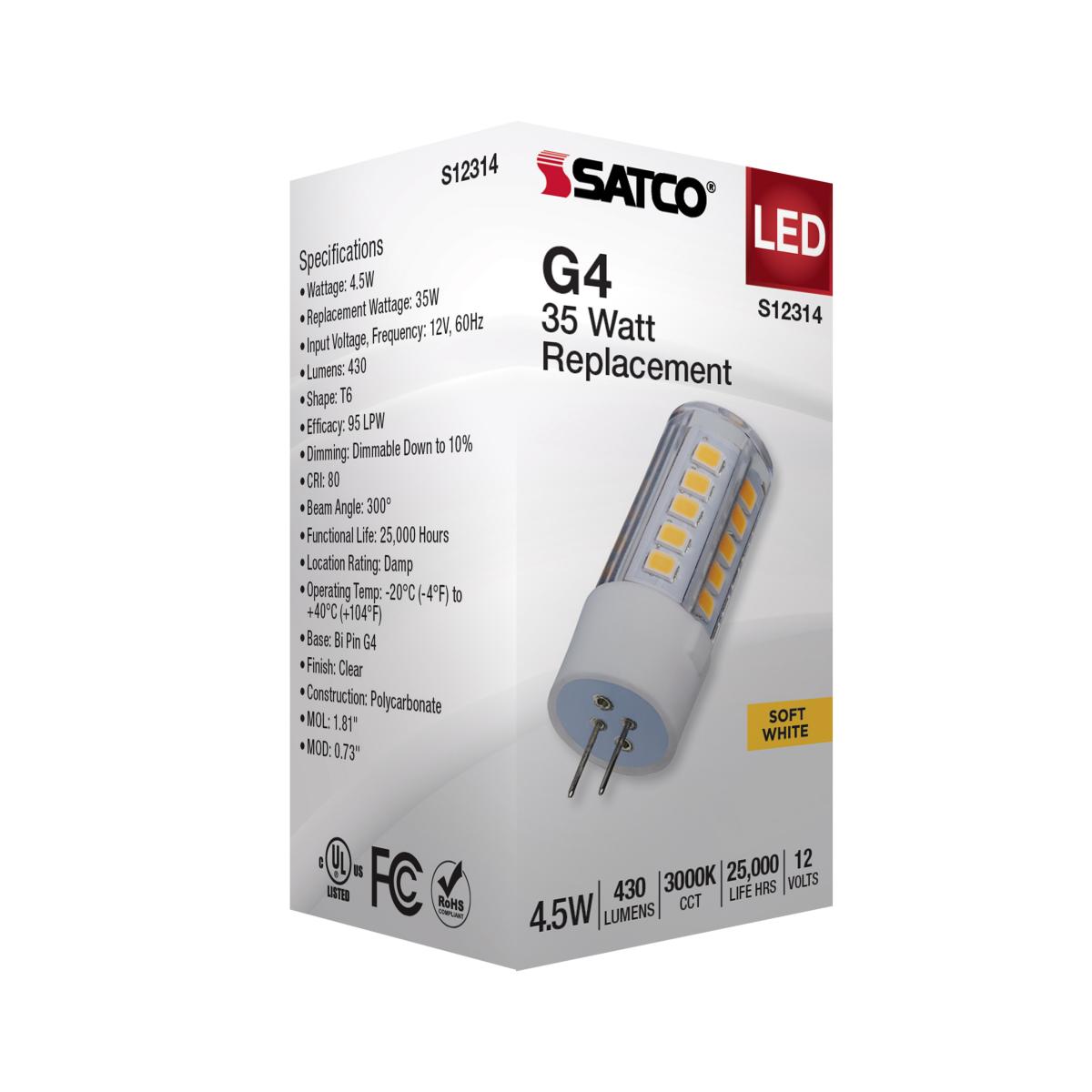 T6 Mini LED Bulb, 4.5 Watts, 430 Lumens, 3000K, G4 Base, Clear Finish, 12V - Bees Lighting