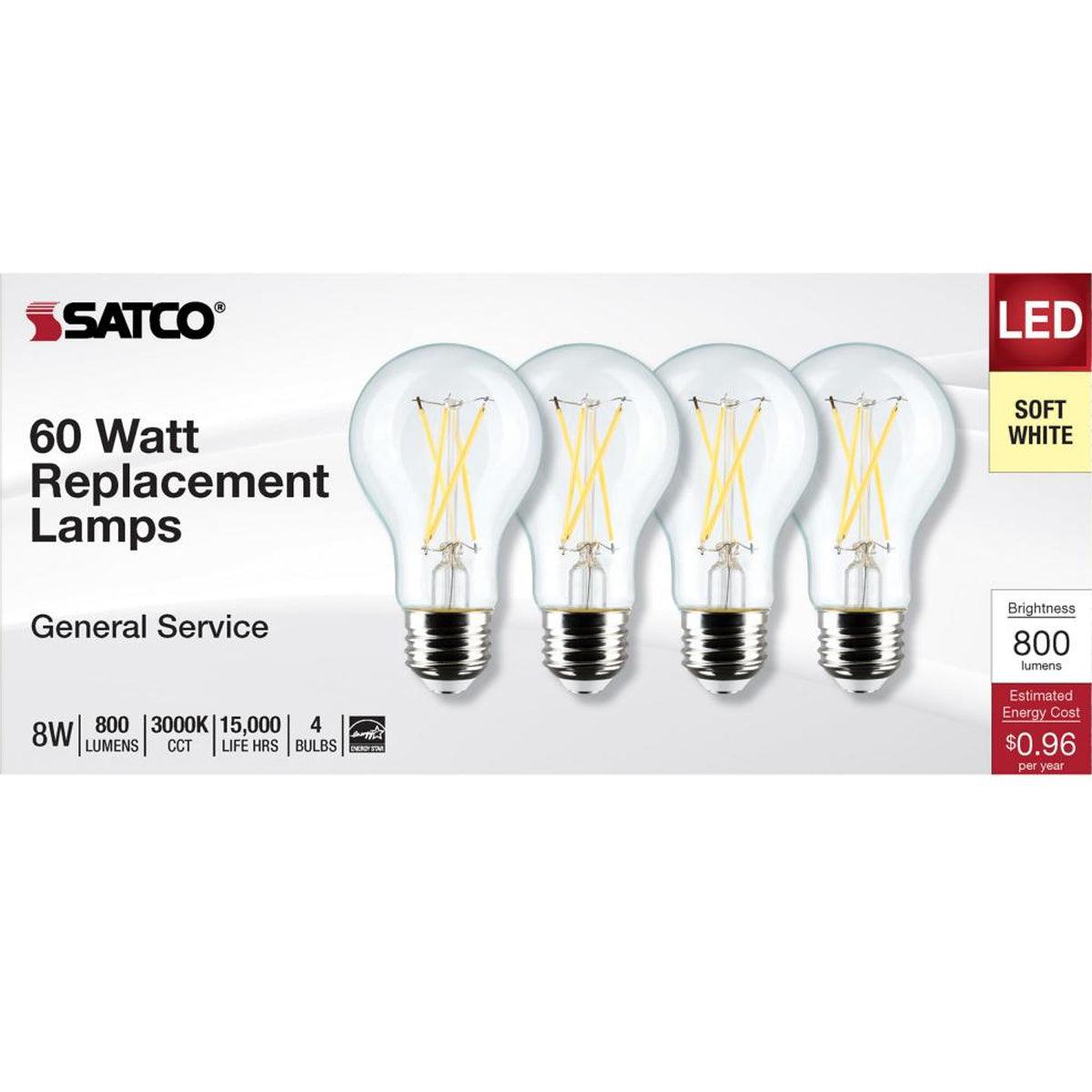 A19 Filament LED Bulb, 100W Equivalent, 8 Watt, 800 Lumens, 3000K, E26 Medium Base, Clear Finish, Pack Of 4