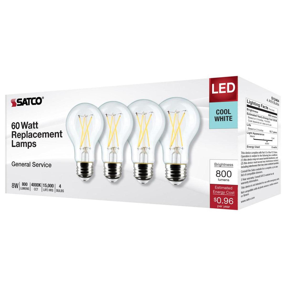 A19 Filament LED Bulb, 100W Equivalent, 8 Watt, 800 Lumens, 4000K, E26 Medium Base, Clear Finish, Pack Of 4 - Bees Lighting