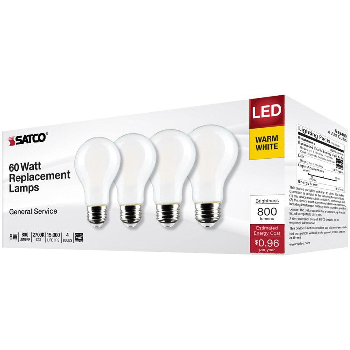 A19 LED Bulb, 100W Equivalent, 8 Watt, 800 Lumens, 2700K, E26 Medium Base, Frosted Finish, Pack Of 4 - Bees Lighting